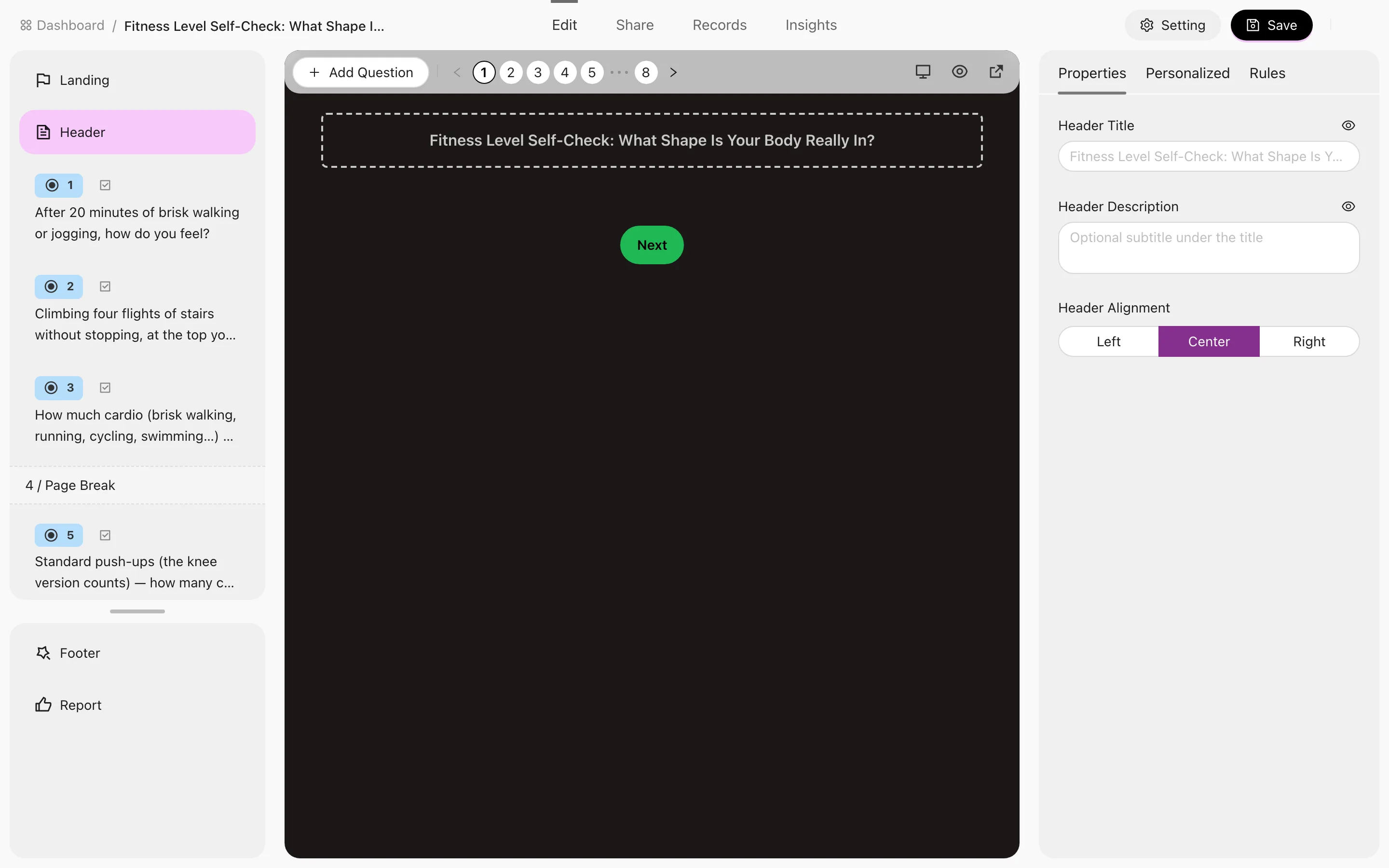 The RooQuiz editor's three panes: question types, preview, and properties